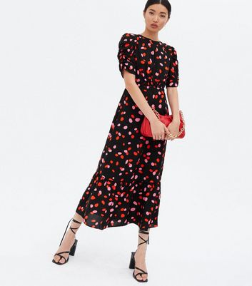 Black Spot Ruched Sleeve Tiered Midi ...